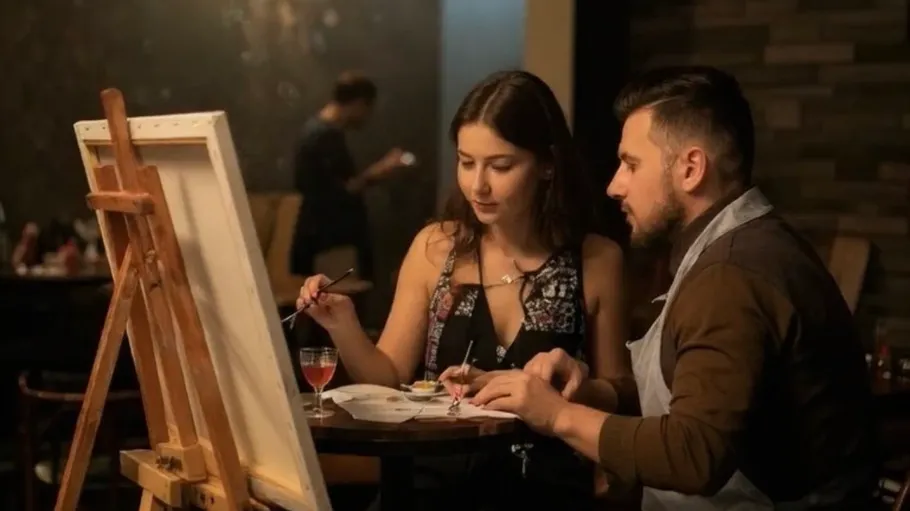 Two people painting together at a table.