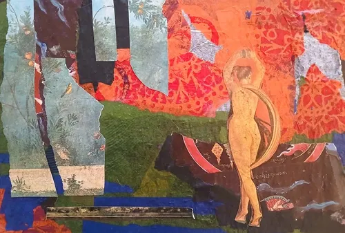 Abstrakte Collage mit Figur in Landschaft.