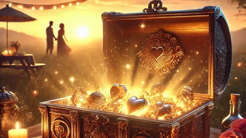 Treasure chest glowing in a sunset field.