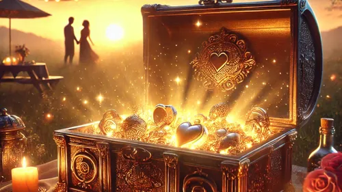 Glowing treasure chest, couple in sunset field.