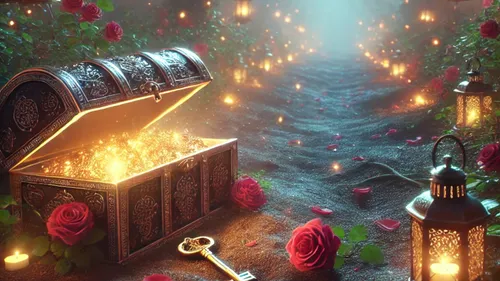 Glowing treasure chest amidst roses and lanterns.