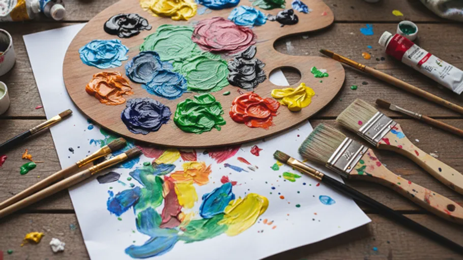 Paint palette and brushes on wooden surface.