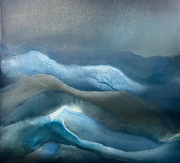 Abstract blue and gray watercolor waves painting.