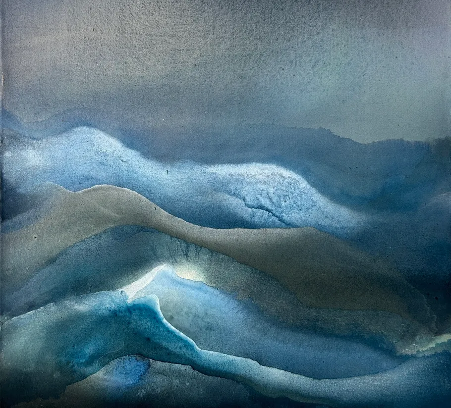 Abstraktes Blau und Grau Aquarellwellen Gemälde.