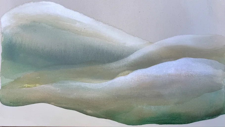 Abstraktes Gemälde mit grünen und weißen Wellen.