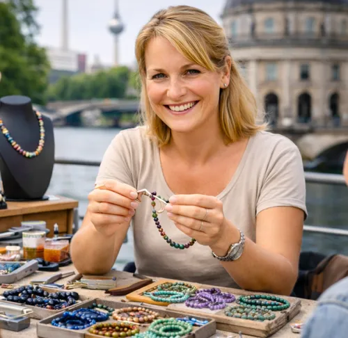 Woman making jewelry at outdoor market.