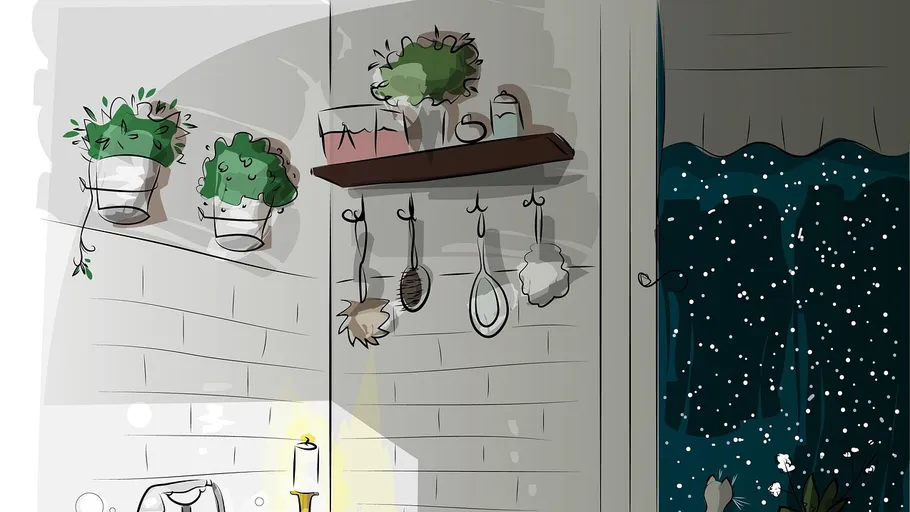 Illustrated cozy bathroom with plants and window.
