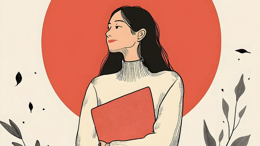 Illustrierte Frau hält Buch, roter Kreis Hintergrund.