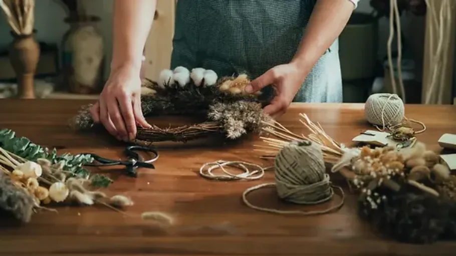 Person crafting wreath on wooden table.