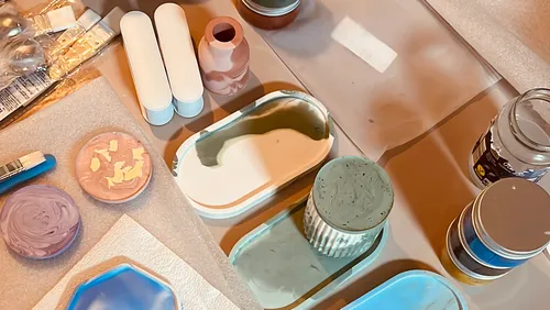 Craft materials arranged on a table.