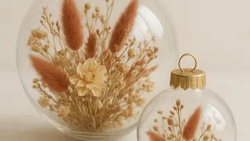 Two glass ornaments with dried flowers inside.