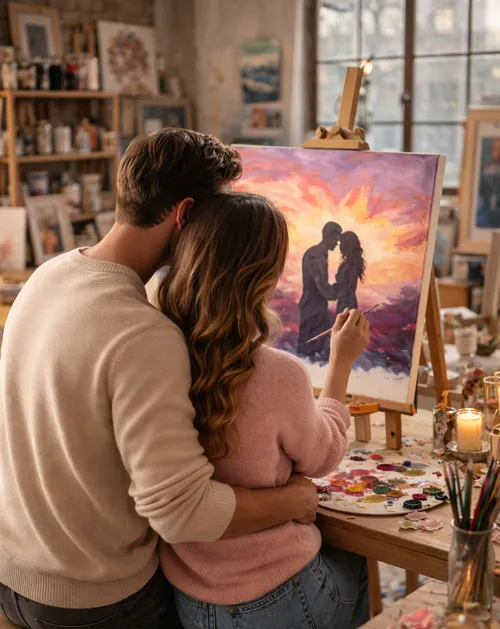 Couple painting together in cozy studio.