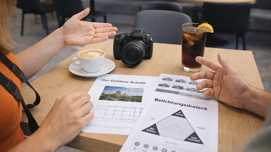 People discussing photography documents at table.
