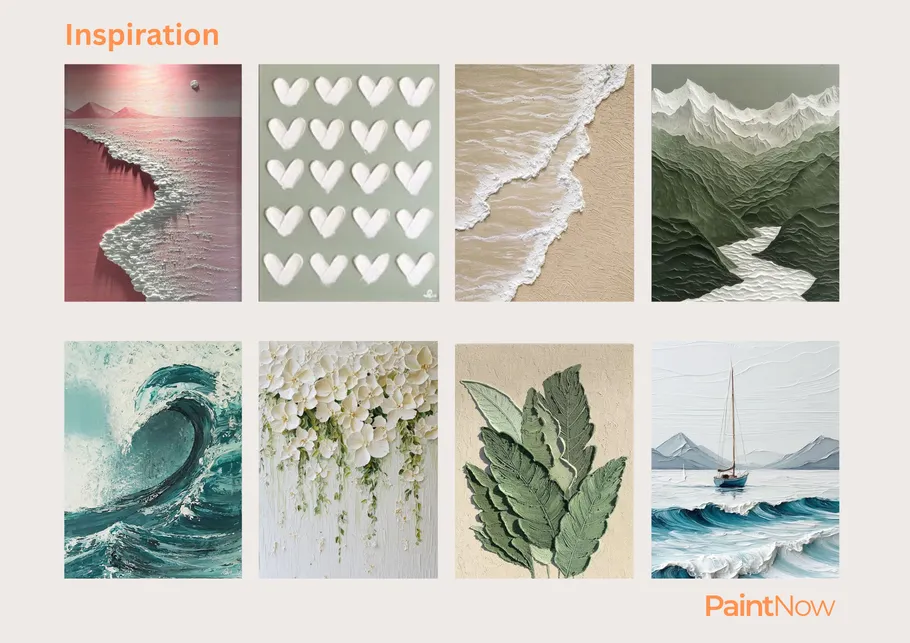 Eight textured paintings in a collage.