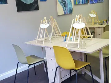 Tables with easels and chairs in a creative space.