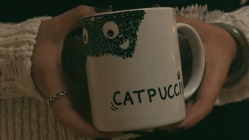 Person hält Tasse mit Katzendesign.