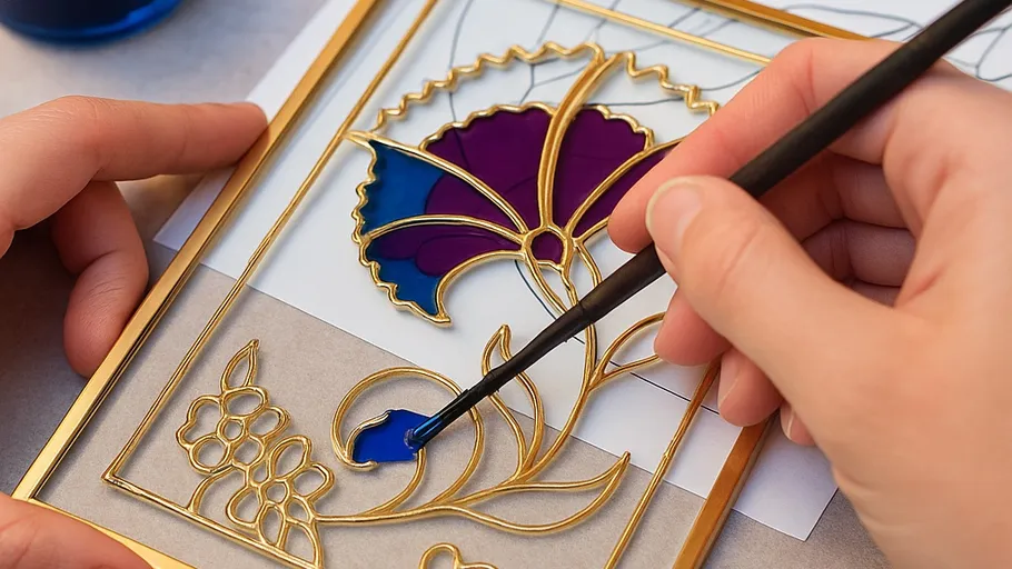 Hands painting gold-outlined floral design.
