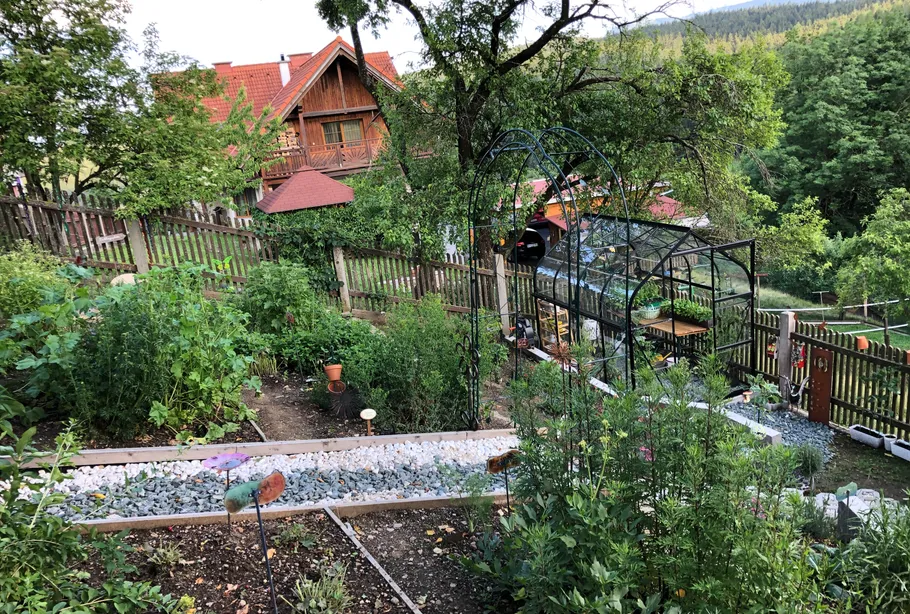 Garten mit Gewächshaus neben Holzhaus.