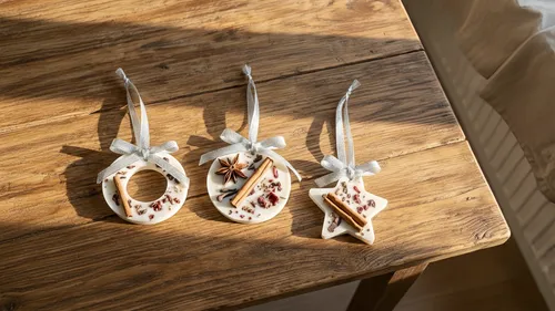 Three scented ornaments on wooden table.