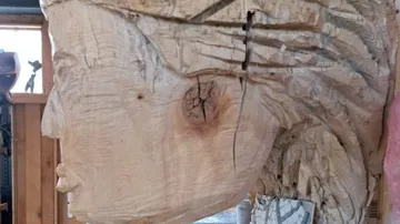 Wood sculpture of a face in a workshop.