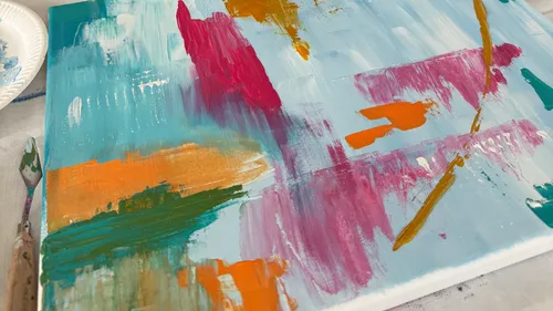 Abstract painting with colorful brush strokes.