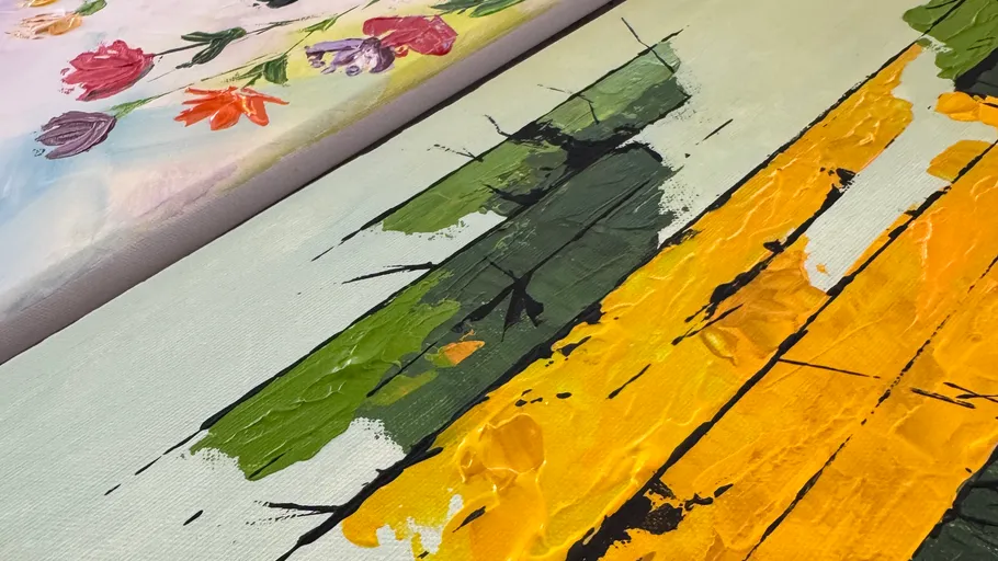 Abstract painting with colorful textured strokes.