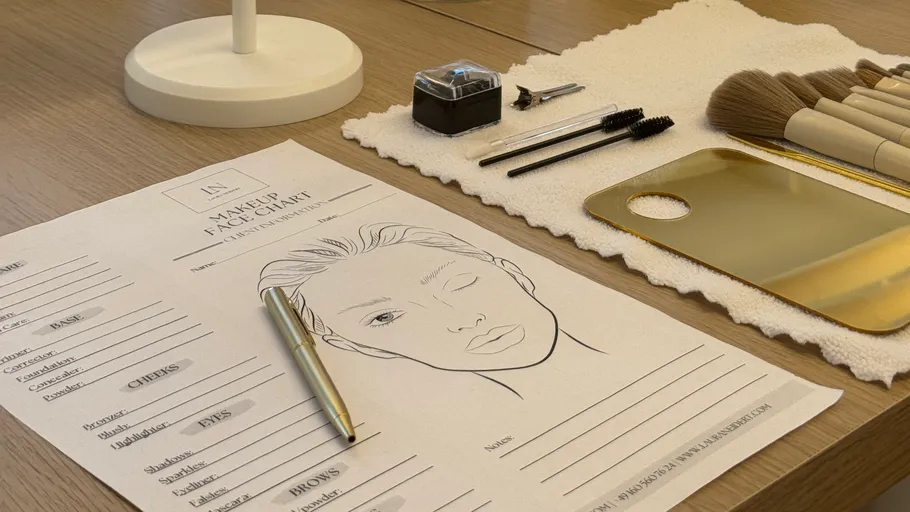 Makeup chart with tools on wooden table.