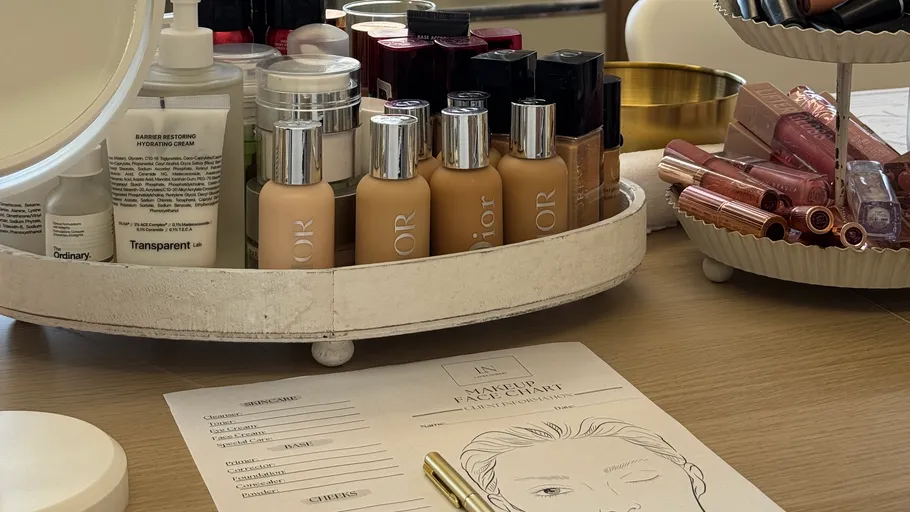 Makeup products and face chart on table.