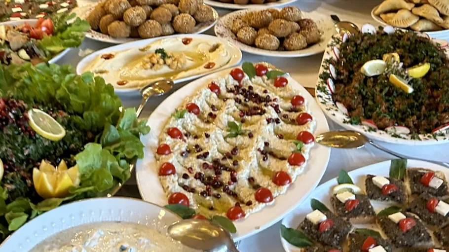 Variety of Lebanese dishes on a table.
