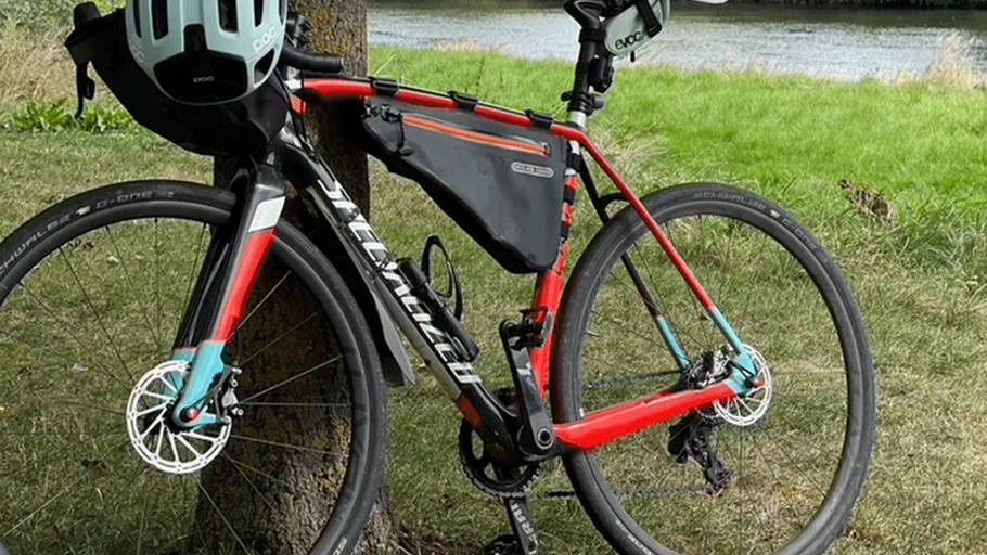 Fahrrad lehnt an Baum nahe Wasser