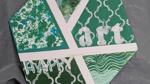 Green abstract art with 'Happy Art' text.