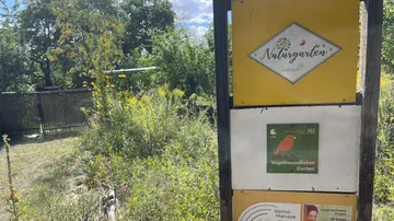 Garden signs with foliage and grass.