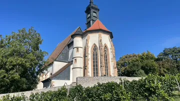 Church building under clear blue sky.
