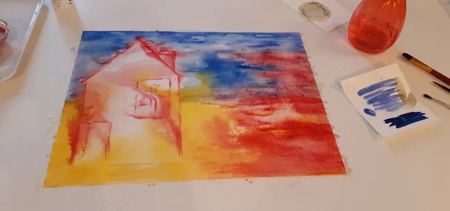 Buntes abstraktes Gemälde mit Hauskontur.