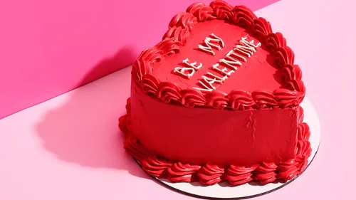 Heart-shaped cake with red frosting and text.