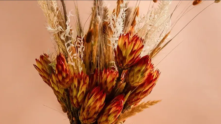 Trockenbukett mit orangefarbenen Blumen, beiger Hintergrund.