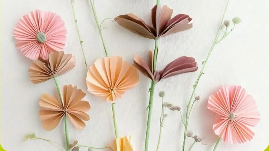 Paper flowers arranged on white background.