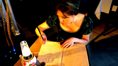 Woman writing letter by candlelight indoors.