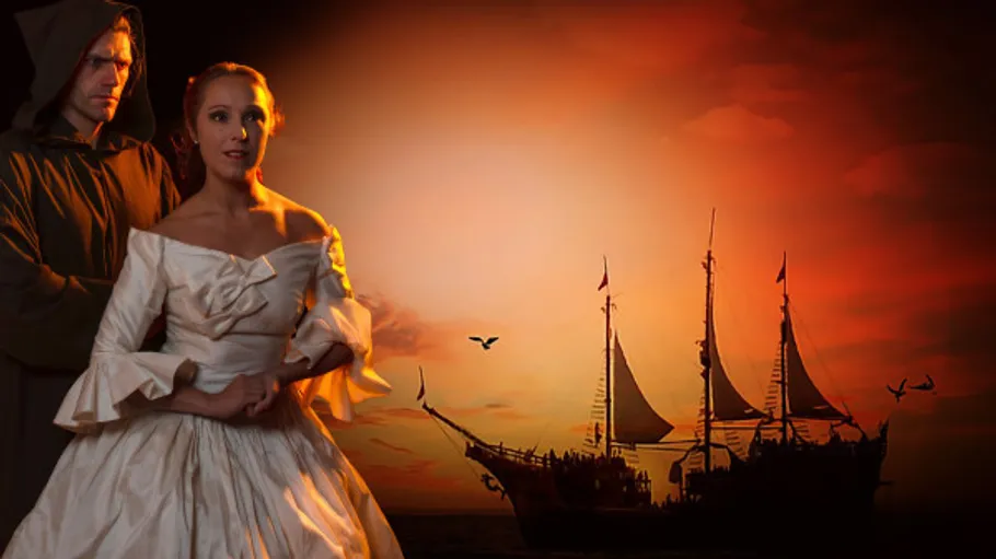 Man and woman in period clothing, ship behind.