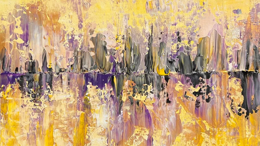 Abstract painting with yellow, purple, black hues.