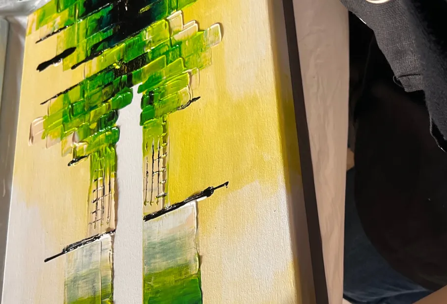 Abstract painting with green and yellow colors.