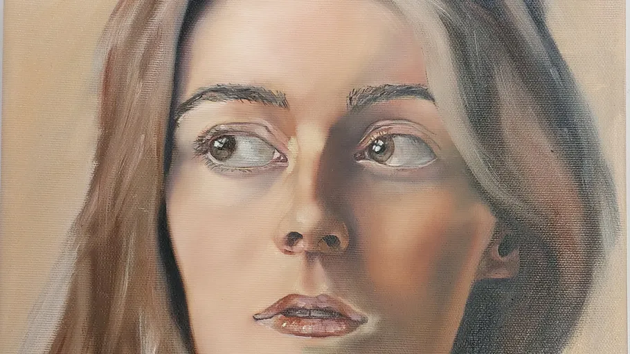 Portrait painting of woman looking sideways.