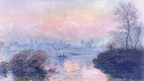 Impressionistischer Sonnenuntergang über ruhiger Flusslandschaft.