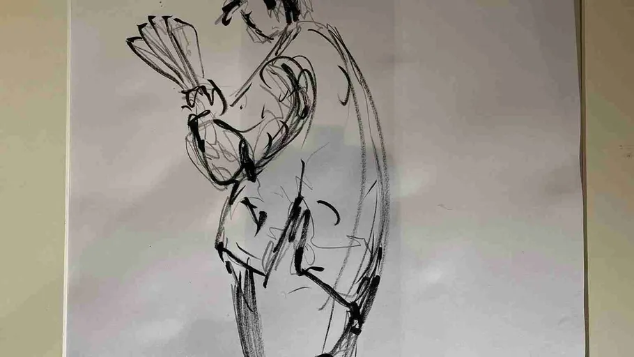 Skizze einer Person mit Fächer, Hut tragend.