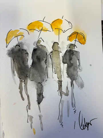Vier Figuren gehen mit gelben Regenschirmen.
