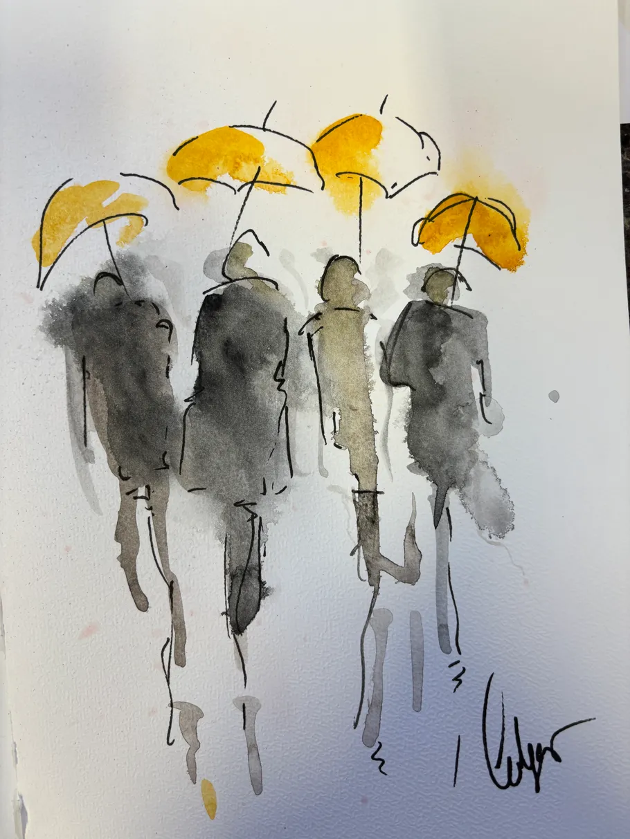 Four figures walking with yellow umbrellas.