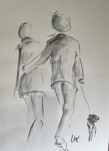 Skizze von zwei Personen und einem Hund beim Gehen.