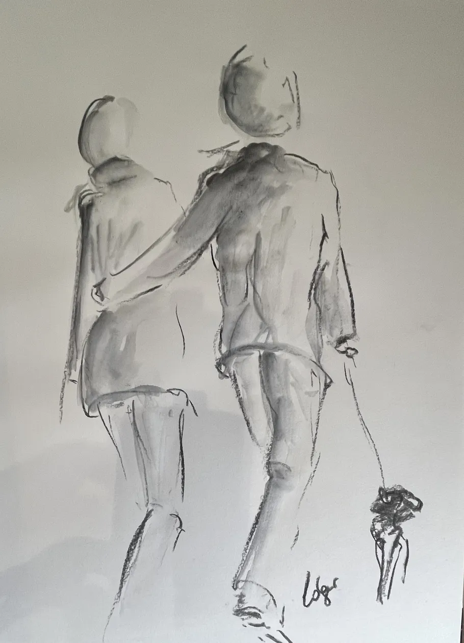 Sketch of two people and a dog walking.