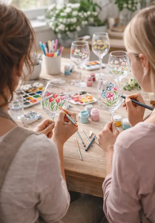 Two women painting flowers on wine glasses.