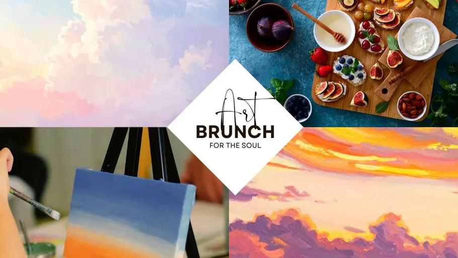 Bunte Himmelsbilder und Brunch-Essen-Layout.